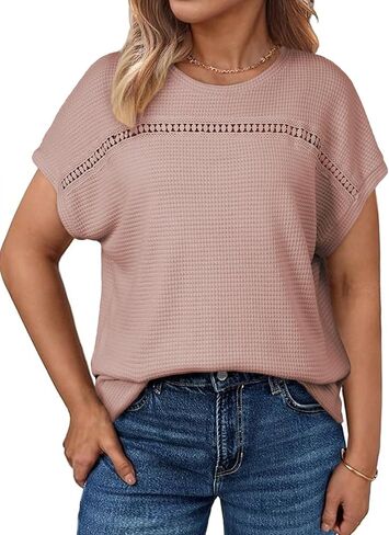 Eytino Plus Size Tops for Women Hollow Out Waffle Knit T-Shirts Crewneck Short Sleeve Casual Loose Basic Tee Blouses(1X-5X) in Saudi Arabia