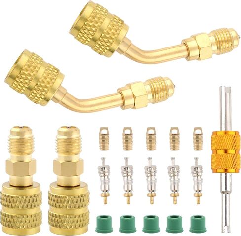 R410a Adapter for Mini Split System,5/16 Female 1/4 Male Flare Charging Vacuum Port Adapter,Valve Core Remover,R134a Hose Gaskets,5V1 Valve Cores,for Air Conditioners Refrigeration Valve HVAC Service in Kuwait