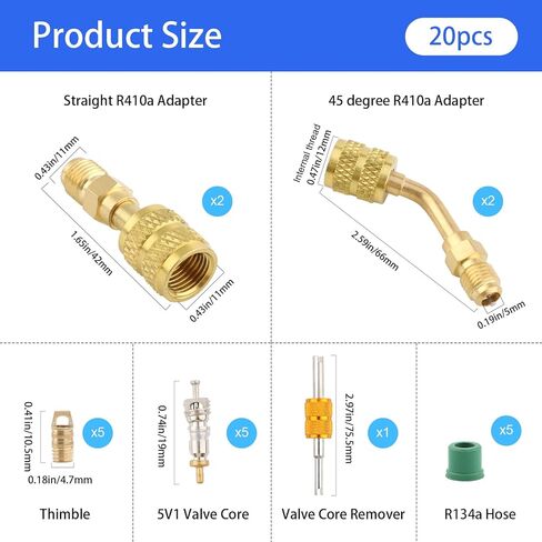 R410a Adapter for Mini Split System,5/16 Female 1/4 Male Flare Charging Vacuum Port Adapter,Valve Core Remover,R134a Hose Gaskets,5V1 Valve Cores,for Air Conditioners Refrigeration Valve HVAC Service in Kuwait