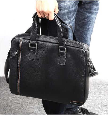 Men Genuine Leather Handbag Office Laptop Briefcase Bag Male Computer Shoulder Bags Men's Business Document Bag(Black) in Saudi Arabia