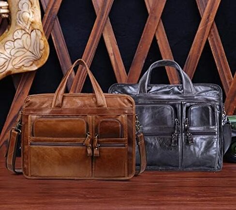 15.6 Inch Vintage Handmade Leather Travel Messenger Office Crossbody Bag Laptop Briefcase Computer College Satchel For Men And Women(Black) in Saudi Arabia