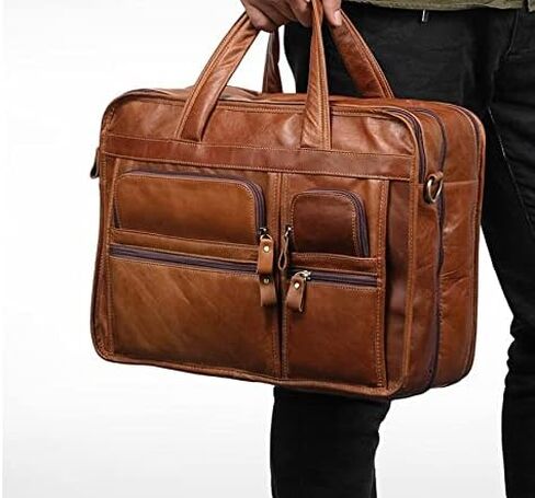 15.6 Inch Vintage Handmade Leather Travel Messenger Office Crossbody Bag Laptop Briefcase Computer College Satchel For Men And Women(Black) in Saudi Arabia