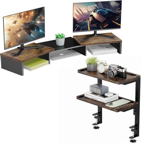 حامل شاشة مزدوج + رف مكتب من طبقتين (خشبي) in Kuwait