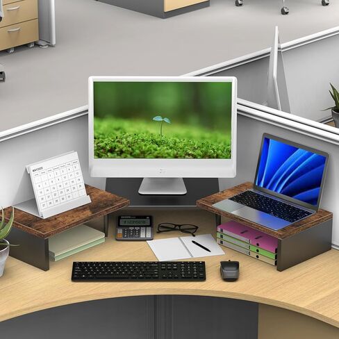 حامل شاشة مزدوج + رف مكتب من طبقتين (خشبي) in Kuwait