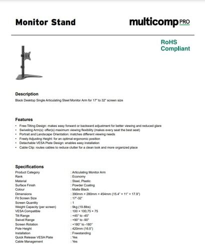 Black Desktop Single Articulating Steel Monitor Arm for 17" to 32" Screen Size in Kuwait
