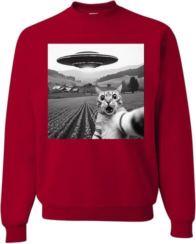 wild custom apparel Cat Selfie With Alien UFO Funny Cat Gifts Sweater Crewneck Sweatshirt in Saudi Arabia
