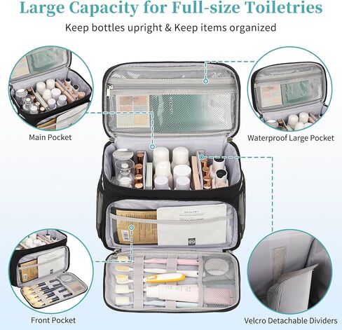 حقيبة أدوات الزينة للسفر، حقيبة مكياج محمولة للنساء والفتيات، حقيبة مستحضرات التجميل المقاومة للماء حقيبة سفر لمستلزمات الزينة كاملة الحجم والإكسسوارات، أسود in Kuwait