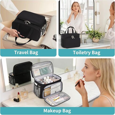 حقيبة أدوات الزينة للسفر، حقيبة مكياج محمولة للنساء والفتيات، حقيبة مستحضرات التجميل المقاومة للماء حقيبة سفر لمستلزمات الزينة كاملة الحجم والإكسسوارات، أسود in Kuwait