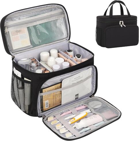 حقيبة أدوات الزينة للسفر، حقيبة مكياج محمولة للنساء والفتيات، حقيبة مستحضرات التجميل المقاومة للماء حقيبة سفر لمستلزمات الزينة كاملة الحجم والإكسسوارات، أسود in Kuwait