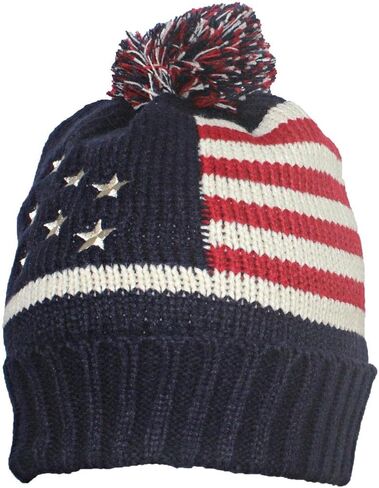 Adult Americana Flag Cuffed Knit Beanie W/Pom & Faux Fur Lining in Saudi Arabia