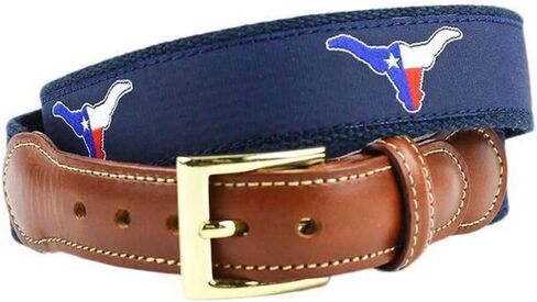 Country Club Prep Texas Longhorn Flag Tab Belt for Men | Genuine Leather | Anti-Scratch Brass Buckle | 9 Multiple Sizes- Navy in Kuwait