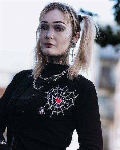 Ro Rox Loveweb Cardigan - Goth Embroidery Spider Web Heart, Long Sleeve Top in Saudi Arabia