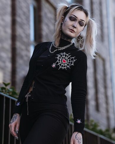 Ro Rox Loveweb Cardigan - Goth Embroidery Spider Web Heart, Long Sleeve Top in Saudi Arabia