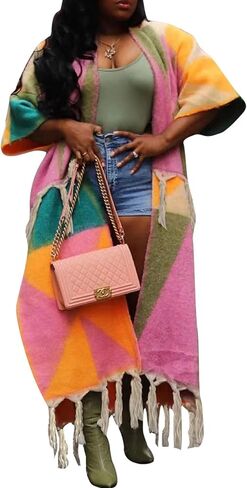 KANSOON Long Cardigans for Women Trendy Knit Sweater Color Block Fringes Open Front 3/4 Sleeve Maxi Tassels Coats in Saudi Arabia