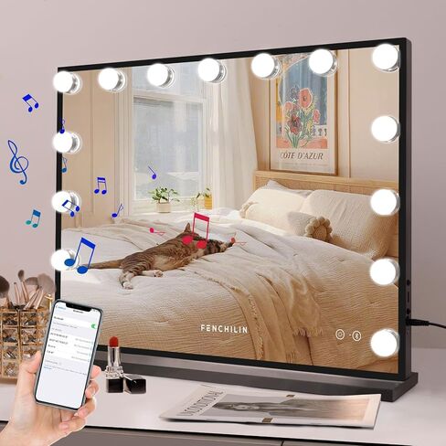 FENCHILIN Vanity Mirror with Lights and Bluetooth Speaker 22.8"x 18.1" Makeup Mirror Lighted Hollywood Mirror with 15 Dimmable LED Bulbs USB Charge Port, 3 Color Lighting Modes in Saudi Arabia