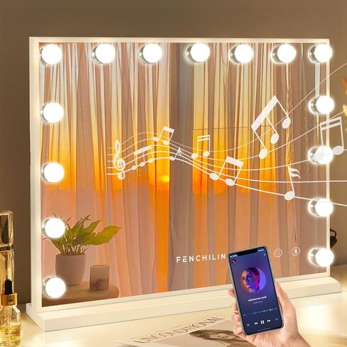 FENCHILIN Vanity Mirror with Lights and Bluetooth Speaker 22.8"x 18.1" Makeup Mirror Lighted Hollywood Mirror with 15 Dimmable LED Bulbs USB Charge Port, 3 Color Lighting Modes in Kuwait