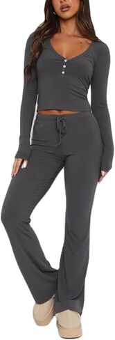 طقم صالة نسائي مكون من قطعتين وأكمام طويلة وقمصان قصيرة برباط بالازو طقم Y2K مجموعة مطابقة للخروج in Kuwait