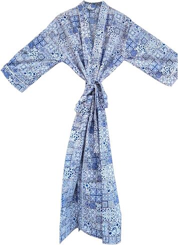 Hand Block Print Cotton Robe Bikini Coverup for Women Bathrobe Dressing Gown Long Sleepwear Free Size Kimono in Saudi Arabia