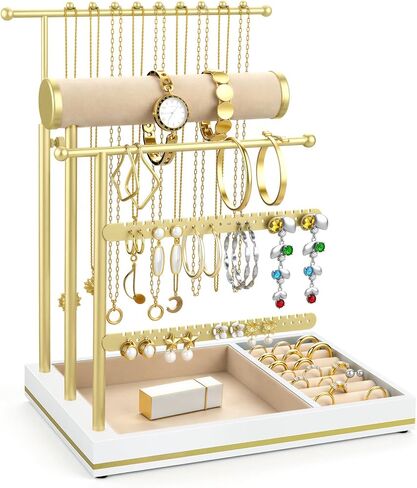 Emibele Necklace Holder Jewelry Organizer Stand, Jewelry Organizers and Storage Holder for Necklace Bracelet Earrings, with Velvet Ring Tray, Elegant Jewelry Stand Tower Gifts for Women, White&Gold in Kuwait
