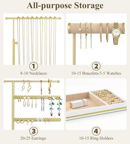 Emibele Necklace Holder Jewelry Organizer Stand, Jewelry Organizers and Storage Holder for Necklace Bracelet Earrings, with Velvet Ring Tray, Elegant Jewelry Stand Tower Gifts for Women, White&Gold in Kuwait