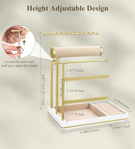 Emibele Necklace Holder Jewelry Organizer Stand, Jewelry Organizers and Storage Holder for Necklace Bracelet Earrings, with Velvet Ring Tray, Elegant Jewelry Stand Tower Gifts for Women, White&Gold in Kuwait