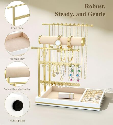 Emibele Necklace Holder Jewelry Organizer Stand, Jewelry Organizers and Storage Holder for Necklace Bracelet Earrings, with Velvet Ring Tray, Elegant Jewelry Stand Tower Gifts for Women, White&Gold in Kuwait