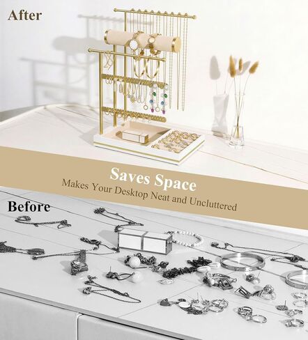 Emibele Necklace Holder Jewelry Organizer Stand, Jewelry Organizers and Storage Holder for Necklace Bracelet Earrings, with Velvet Ring Tray, Elegant Jewelry Stand Tower Gifts for Women, White&Gold in Kuwait