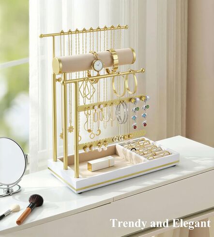 Emibele Necklace Holder Jewelry Organizer Stand, Jewelry Organizers and Storage Holder for Necklace Bracelet Earrings, with Velvet Ring Tray, Elegant Jewelry Stand Tower Gifts for Women, White&Gold in Kuwait