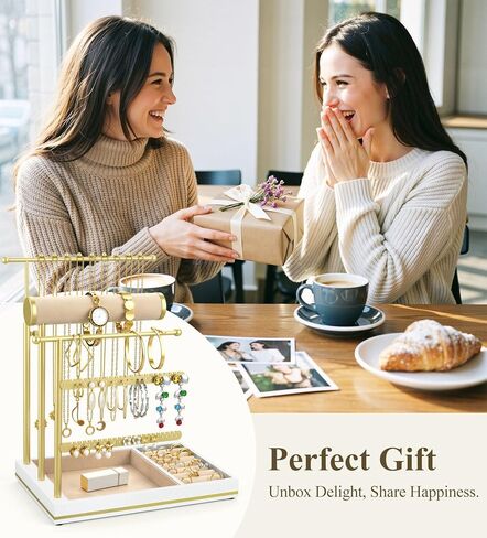 Emibele Necklace Holder Jewelry Organizer Stand, Jewelry Organizers and Storage Holder for Necklace Bracelet Earrings, with Velvet Ring Tray, Elegant Jewelry Stand Tower Gifts for Women, White&Gold in Kuwait