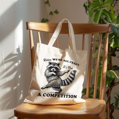 Funny Raccoon Canvas Tote Bag, Humor Animal Themed Shopping Bags, Relax We're All Crazy It's Not A Competition Quote Totes For Beach Shopping Work, Raccoon Lover Gift in Saudi Arabia
