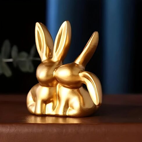 Golden Couple Bunny Figurine - Unique Aesthetic Resin Statue | for Home, Office, Shelf & Entryway | Ideal Holiday Decor for Easter, Christmas & More, Rabbit Ornament in Saudi Arabia