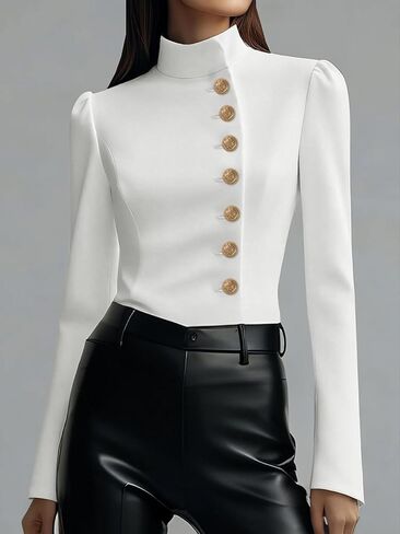 Women's White Polyester Blouse: Stand Collar Side Decorative Button Slim Long Sleeve Elegant Formal Top in Saudi Arabia
