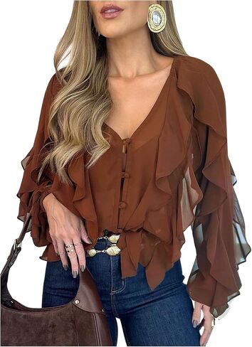 GORGLITTER Women's Ruffle Blouse V Neck Sheer Chiffon Long Sleeve Button Down Shirt Dressy Casual in Saudi Arabia
