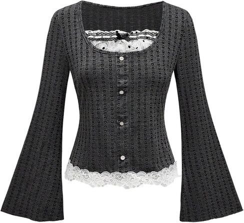 Floerns Women's Cute Bell Sleeve T Shirts Textured Button Down Lace Kawaii Y2k Tops in Saudi Arabia