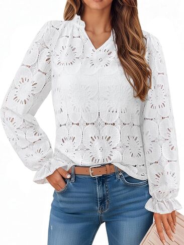 IWD Womens Tops Dressy Casual Lace Long Sleeve V Neck Shirts Eyelet Embroidered Blouses Fall Fashion 2025 in Kuwait