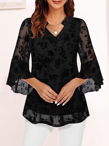 Women's Fancy Blouses Double Layers Mesh Dressy Tops 3/4 Ruffle Bell Sleeve Shirts S-XXL in Saudi Arabia