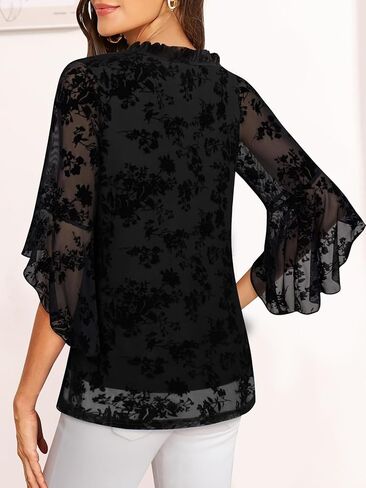 Women's Fancy Blouses Double Layers Mesh Dressy Tops 3/4 Ruffle Bell Sleeve Shirts S-XXL in Saudi Arabia