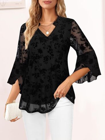 Women's Fancy Blouses Double Layers Mesh Dressy Tops 3/4 Ruffle Bell Sleeve Shirts S-XXL in Saudi Arabia