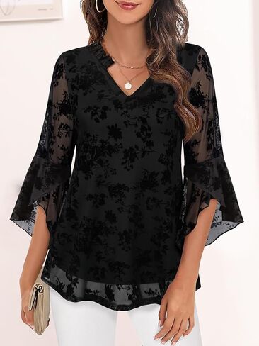 Women's Fancy Blouses Double Layers Mesh Dressy Tops 3/4 Ruffle Bell Sleeve Shirts S-XXL in Saudi Arabia