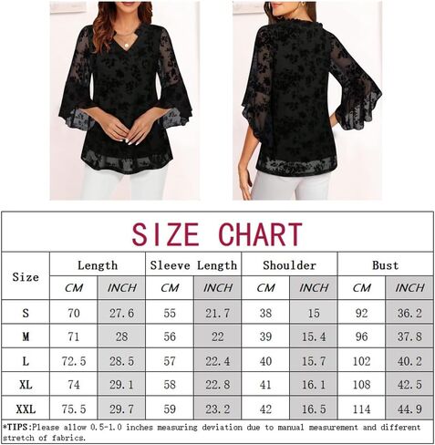 Women's Fancy Blouses Double Layers Mesh Dressy Tops 3/4 Ruffle Bell Sleeve Shirts S-XXL in Saudi Arabia