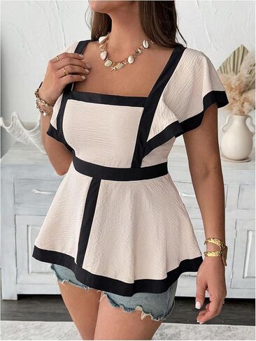 Women's Plus Size Peplum Blouses Summer Elegant Square Neck Cap Sleeve Dressy Casual Tops in Saudi Arabia