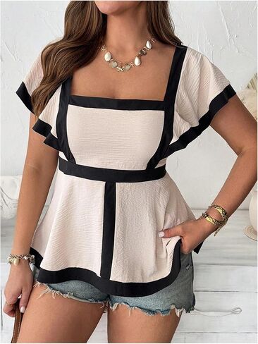 Women's Plus Size Peplum Blouses Summer Elegant Square Neck Cap Sleeve Dressy Casual Tops in Saudi Arabia