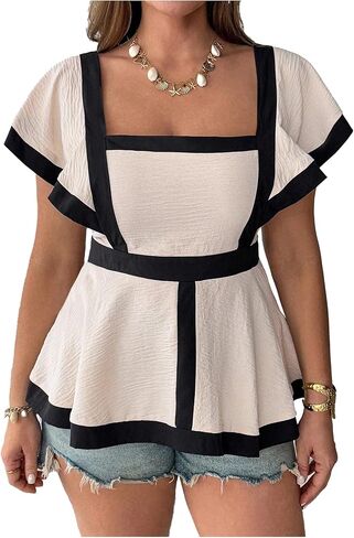 Women's Plus Size Peplum Blouses Summer Elegant Square Neck Cap Sleeve Dressy Casual Tops in Saudi Arabia