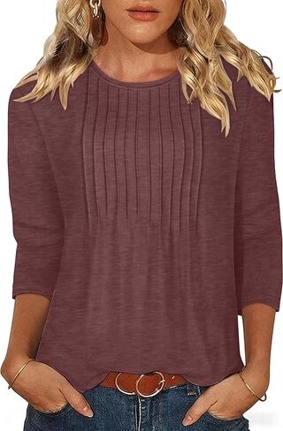 بلوزات نسائية من Rosemia بطول 3/4 كم بلوزات أنيقة غير رسمية ذات ثنيات أمامية تي شيرت فضفاض مناسب in Kuwait