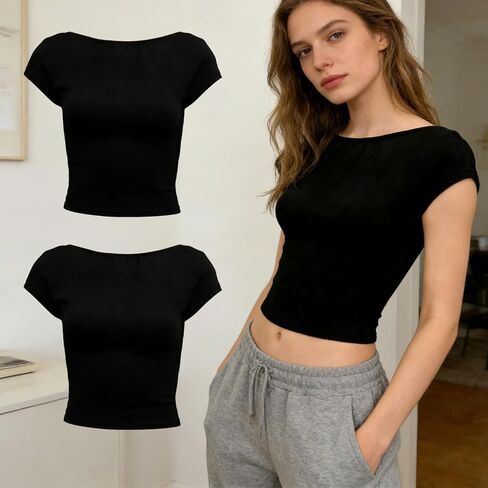 2 Pack Womens Short Sleeve T Shirts Summer Crop Tops Boat Neck Tee Slim Fit Open Back Cute Workout Clothes in Saudi Arabia