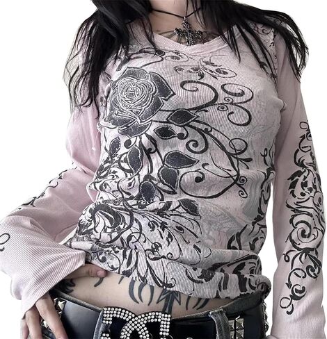 Womens Long Sleeve Fairy Grunge Tees Shirt Vintage Goth Skull Graphic Print Tops 90s Emo Aesthetic Clothes in Kuwait