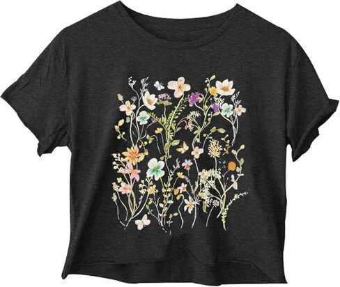 Woffccrd Womens Short Sleeve Crop Tops Wildflower T-Shirts Crew Neck Summer Casual Loose Graphic Tee Tops in Kuwait