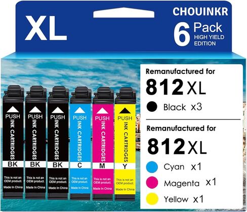 خراطيش حبر 812 مُعاد تصنيعها لخراطيش حبر الطابعة Epson 812 812XL المكونة من 6 عبوات تعمل مع طابعة Workforce Pro WF-7310 WF-7820WF-7840 EC-C7000 (3 أسود سماوي أرجواني أصفر) in Kuwait