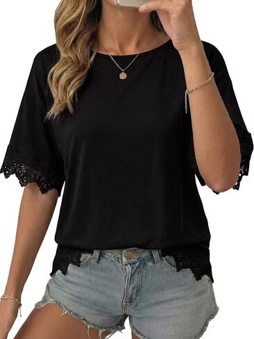Dokotoo Womens Summer Tops 2026 Oversized Short Sleeve Shirts Casual Loose Lace Patchwork Tshirt Fashion Outfits in Saudi Arabia