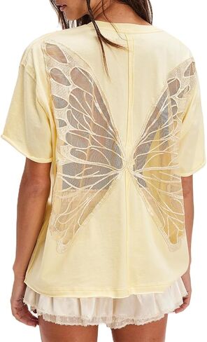 Women Butterfly Lace Short Sleeve Top Y2k Oversized Cut Out Solid Crew Neck T Shirts Summer Embroidered Tee in Kuwait